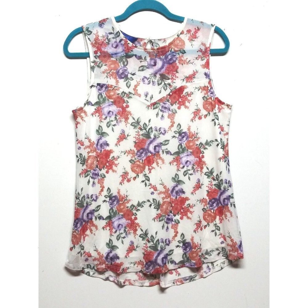 Apt. 9 Tank Top Floral Shirt Summer top sheer with lining white pink purple cute